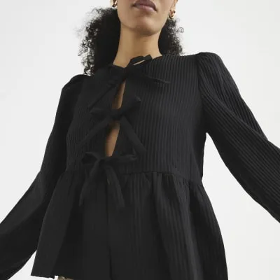 Black Tie Up Peplum Blouse sold by River Island