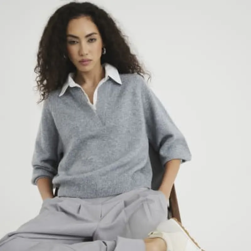 Grey Knitted Long Sleeve Collared Sweatshirt sold by River Island