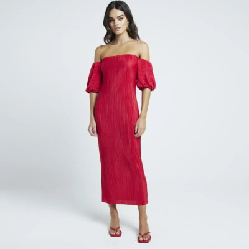 Red plisse bardot midi dress sold by River Island