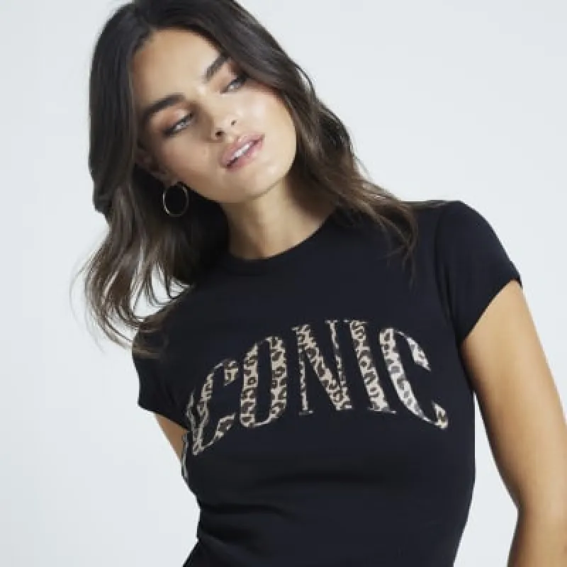 Black leopard print script t-shirt sold by River Island