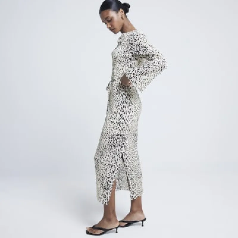 Beige Leopard Print Plisse Bodycon Midi Dress sold by River Island