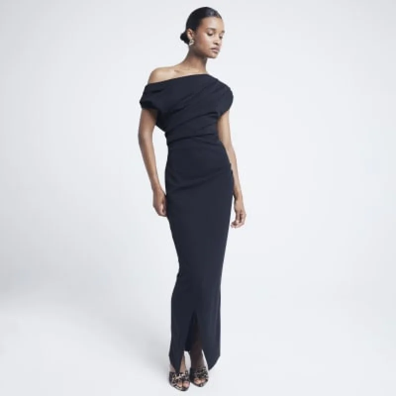 Black drape off shoulder bodycon maxi dress sold by River Island