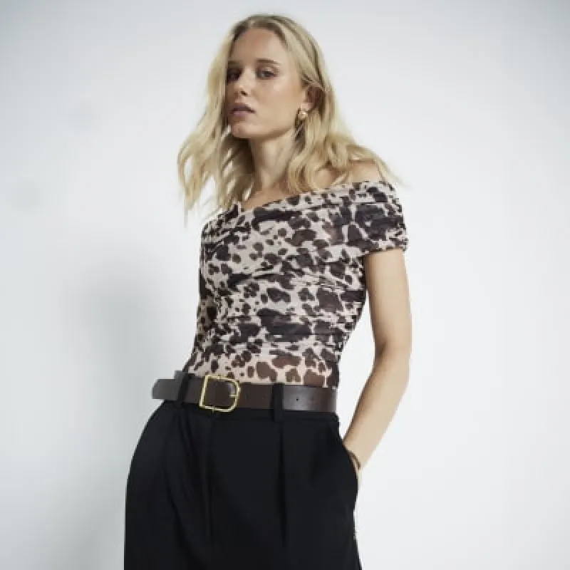 Beige Animal Print Mesh Asymmetric Bodysuit sold by River Island