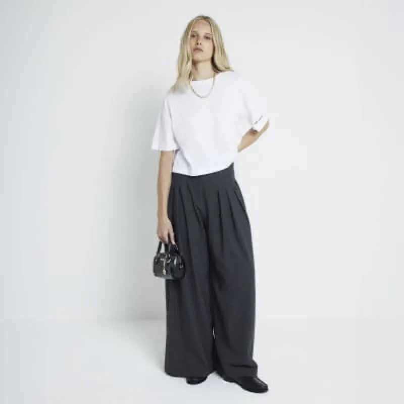 Grey double belted wide leg trousers sold by River Island
