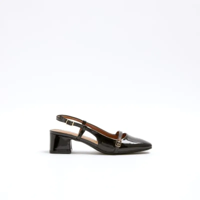 Black buckle sling back heeled court shoes sold by River Island