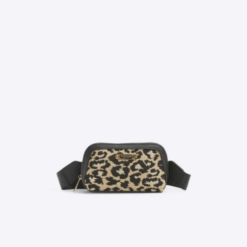 Beige jacquard leopard print cross body bag sold by River Island