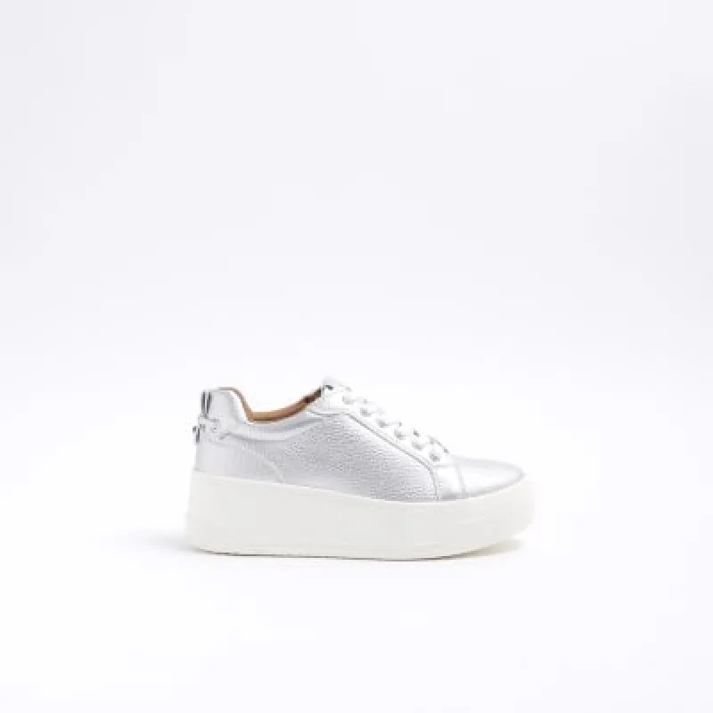 Silver wide fit platform lace up trainers sold by River Island
