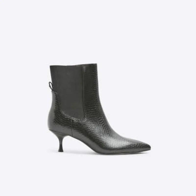 Black croc embossed kitten heeled boots sold by River Island