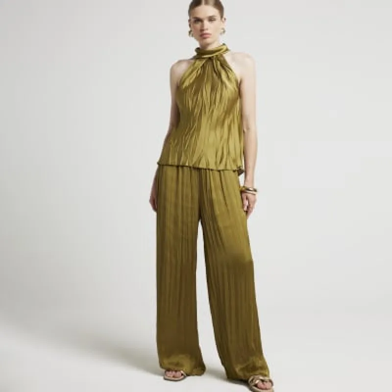 Khaki satin plisse halter neck top sold by River Island