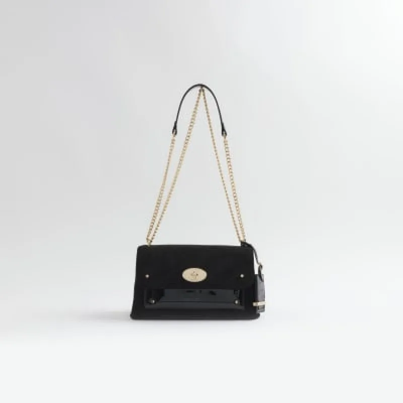Black suedette lock shoulder bag sold by River Island
