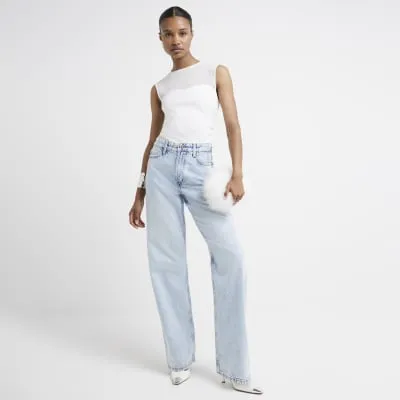 Blue high waisted relaxed straight jeans sold by River Island