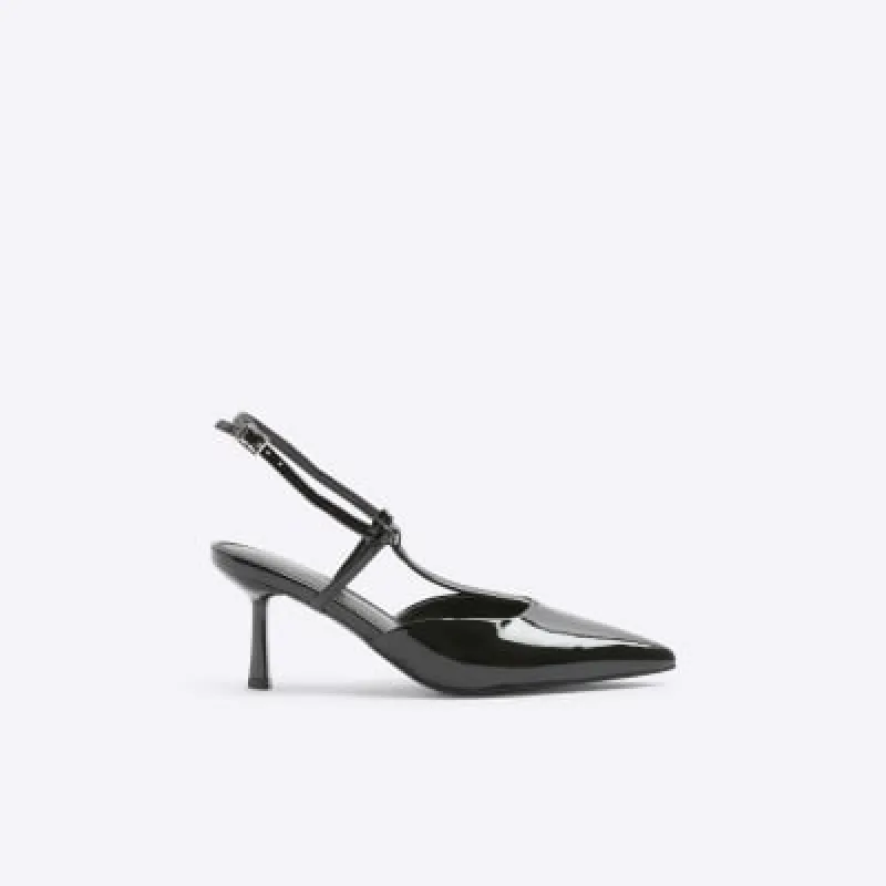 Black patent sling back heeled court shoes sold by River Island