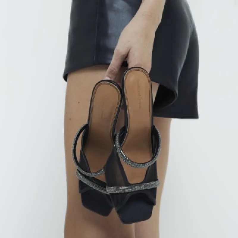 Black Mesh Embellished Heeled Mule Sandals sold by River Island