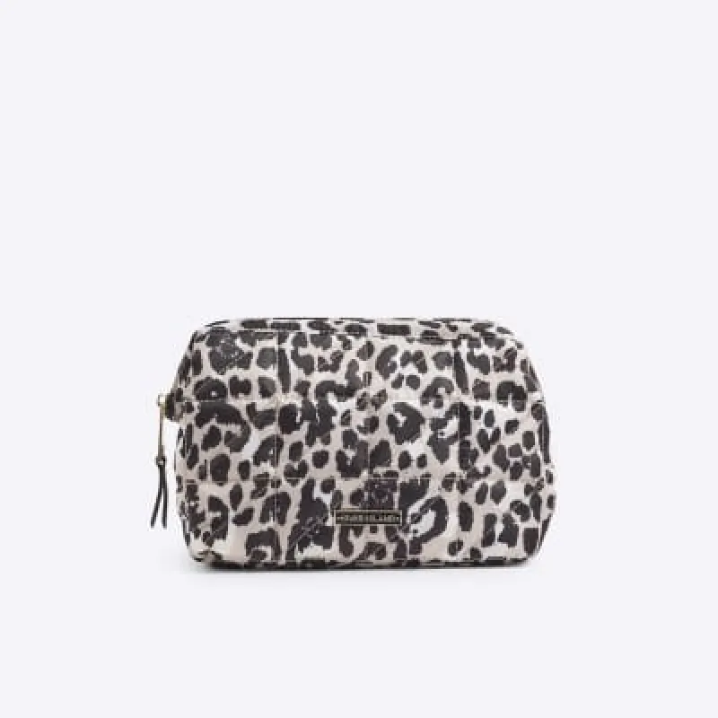Beige quilted leopard print makeup bag sold by River Island