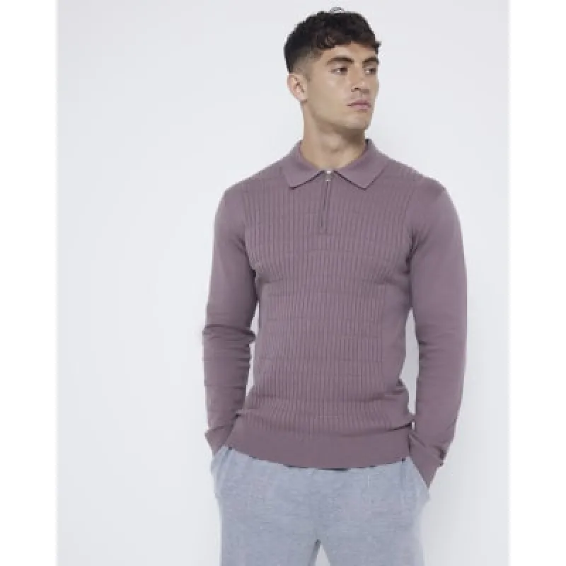 Purple slim fit stretch textured knit polo sold by River Island