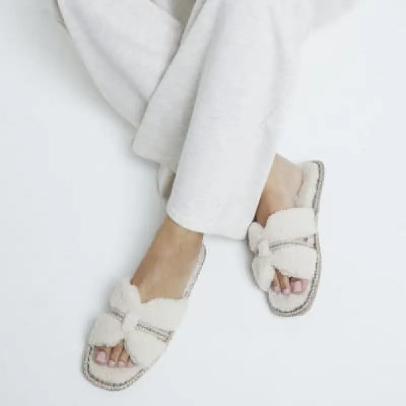 Cream Cut Out Strap Borg Open Toe Slippers sold by River Island