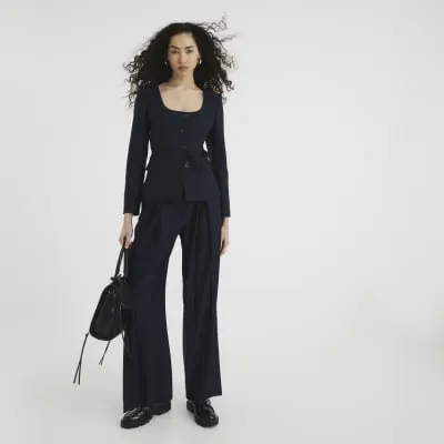 Navy Belted Wide Leg Trousers sold by River Island
