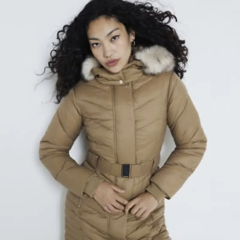 Brown Longline Padded coat sold by River Island