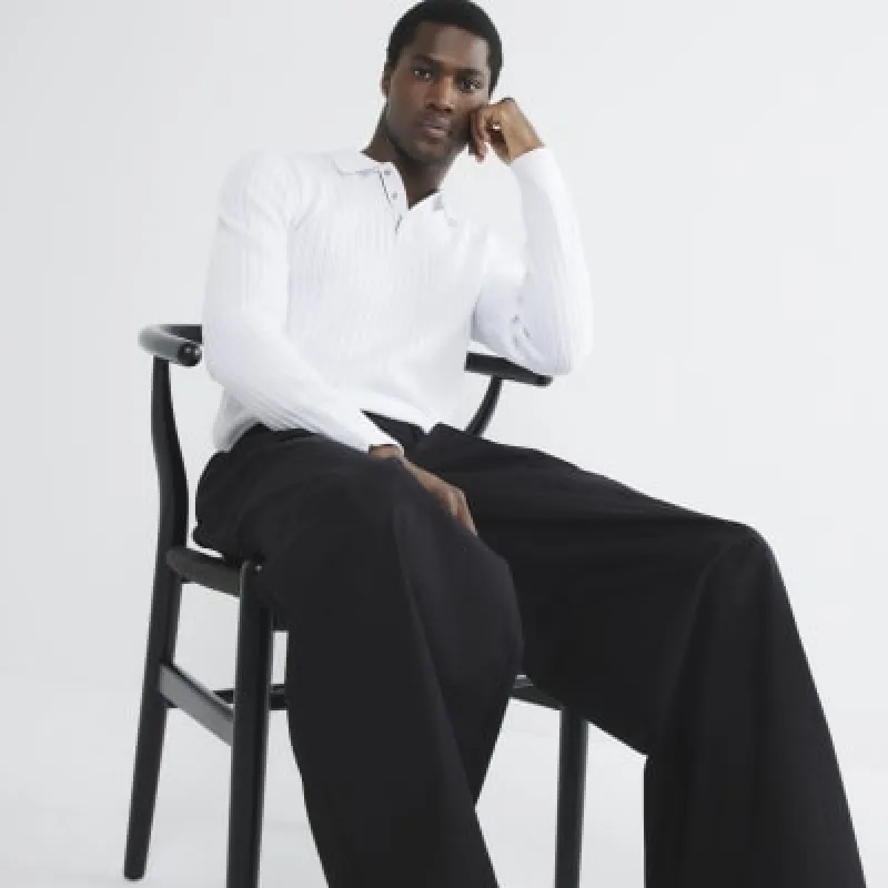 White Slim Fit Long Sleeve Knit Polo Shirt sold by River Island