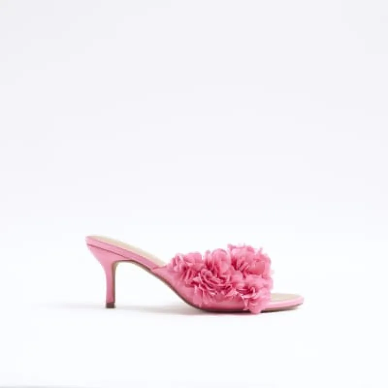 Pink Flower Heeled Mules sold by River Island