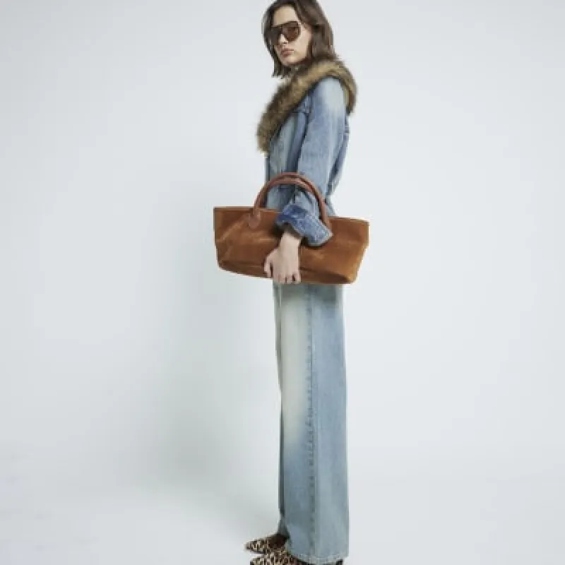Blue Denim Faux Fur Collared Buckle Jacket sold by River Island