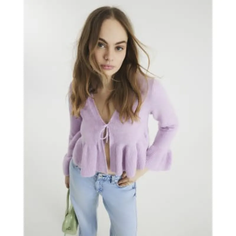 Purple Long Sleeve Tie Frill Cardigan sold by River Island