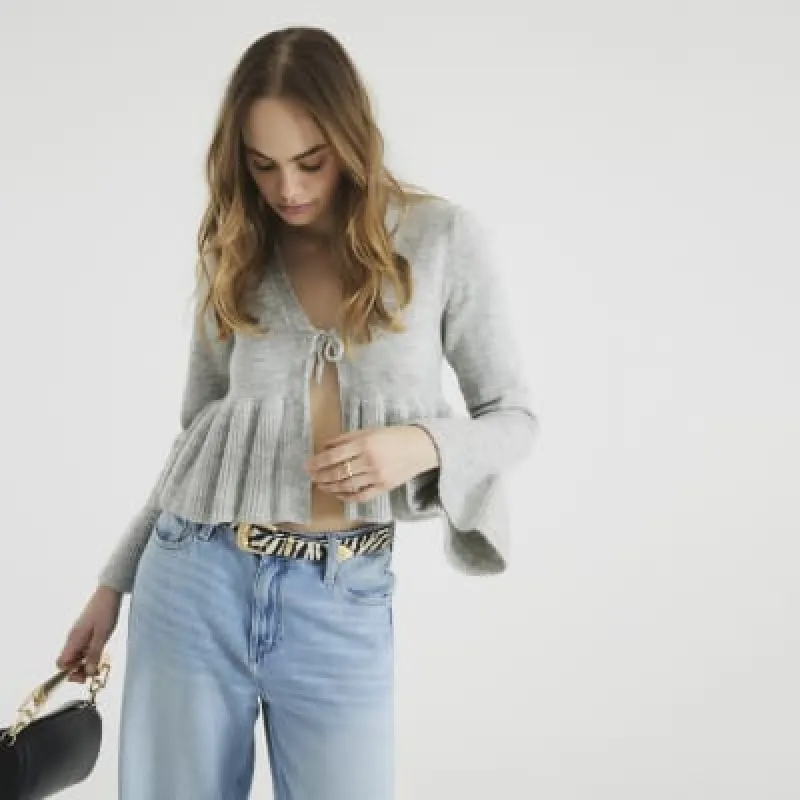 Grey Long Sleeve Tie Frill Cardigan sold by River Island