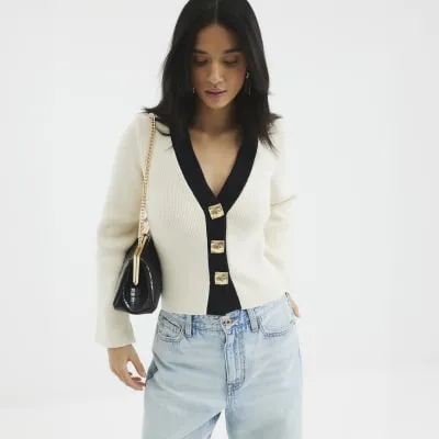 Petite Black Long Sleeve Tipped Cardigan sold by River Island