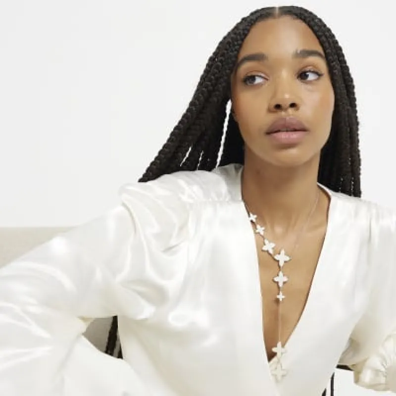 White Pearl Inlay Clover Necklace sold by River Island