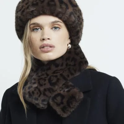 Beige Faux Fur Leopard Print Scarf sold by River Island