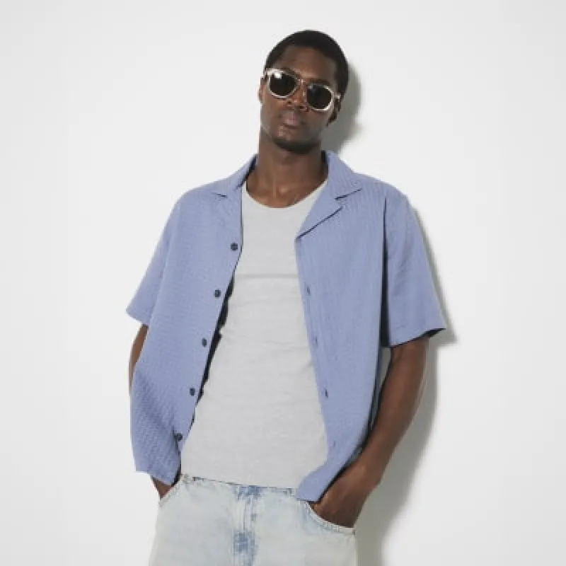 Blue Weave Button Up Short Sleeve Shirt sold by River Island