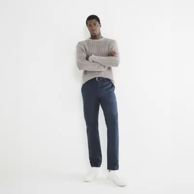 Navy Slim Fit Belted Chino Trousers sold by River Island
