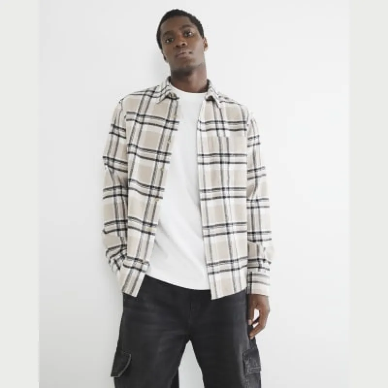 Stone Long Sleeve Check Shirt sold by River Island