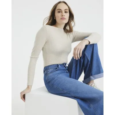 Beige Long Sleeve Fitted Boat Neck Top sold by River Island