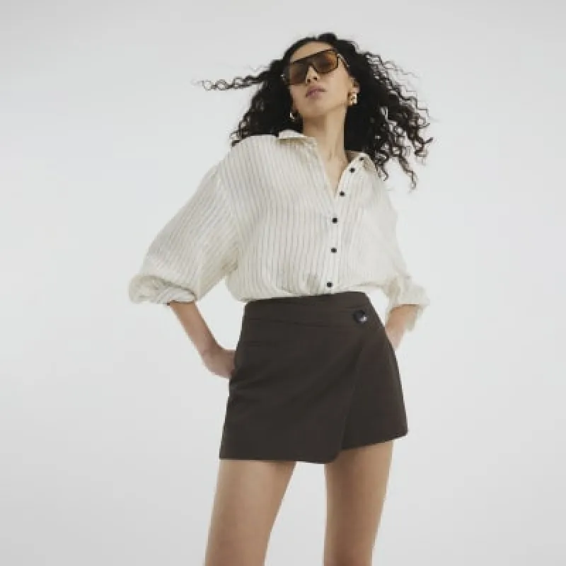 Brown Asymmetric Button Front Wrap Skort sold by River Island