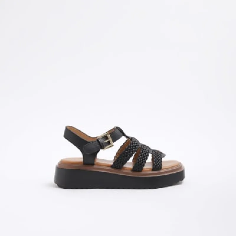 Black Faux Leather Flatform Sandals sold by River Island