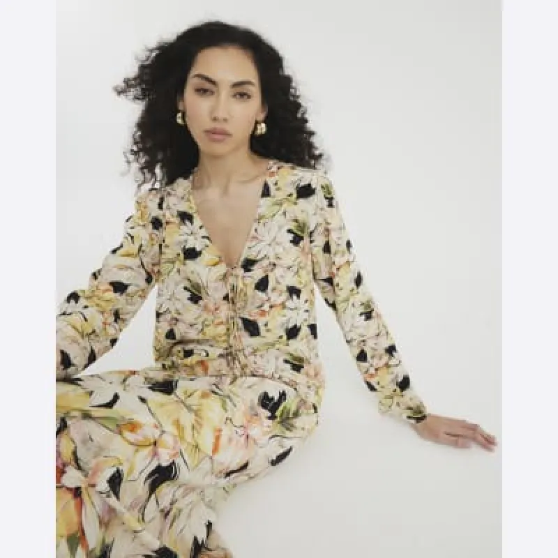 Yellow Floral Long Sleeve Tie Front Top sold by River Island
