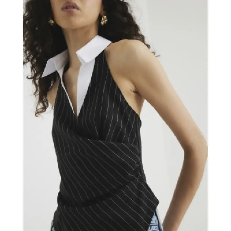 Black Sleeveless Pinstripe Collar Top sold by River Island