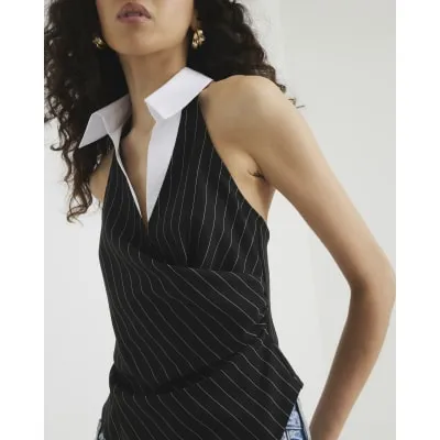 Black Sleeveless Pinstripe Collar Top sold by River Island