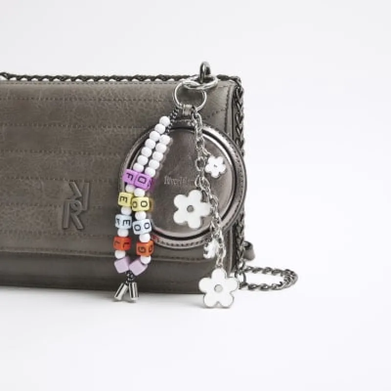 Silver Flower Beaded Mirror RI Bag Charm made by River Island