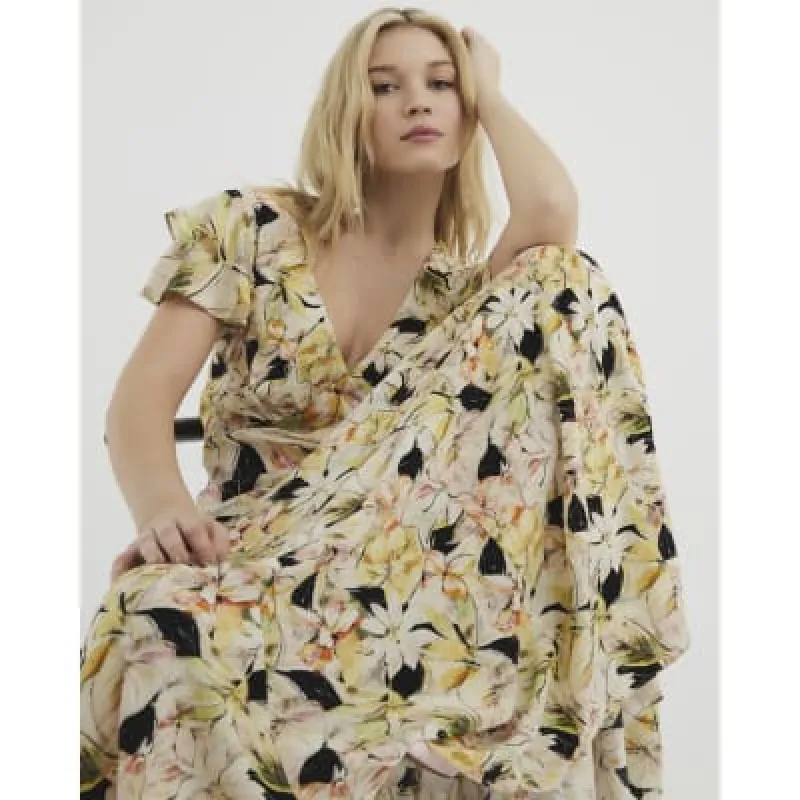 Yellow Sleeveless Floral Ruffle Maxi Dress sold by River Island