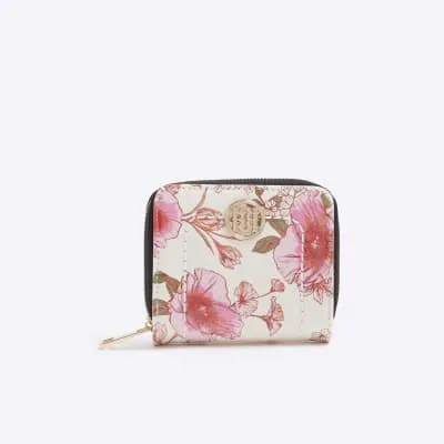 Cream Floral Patent Mini Zip Around Purse sold by River Island