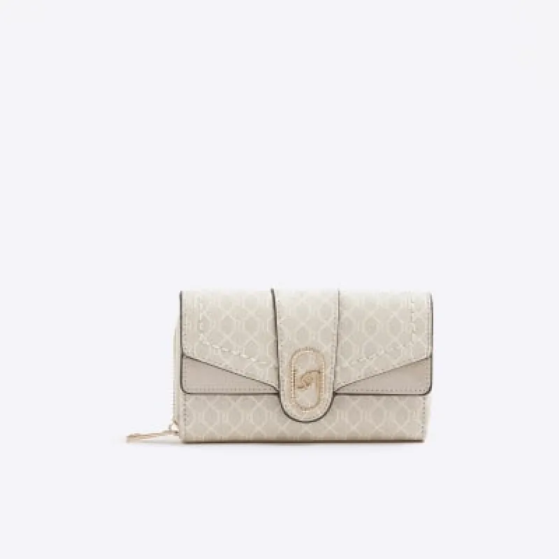 Beige RI Monogram Fold Over Zip Around Purse sold by River Island