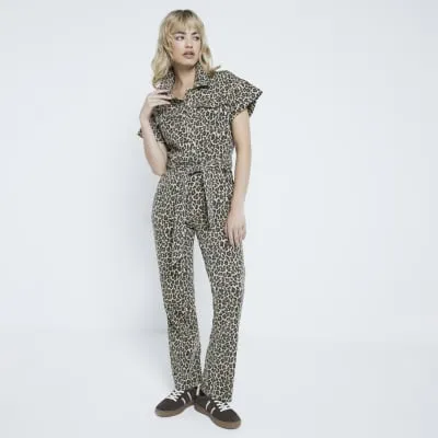 Beige Denim Leopard Print Jumpsuit sold by River Island
