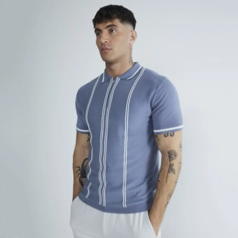 Blue Slim Fit Stripe Polo Shirt sold by River Island