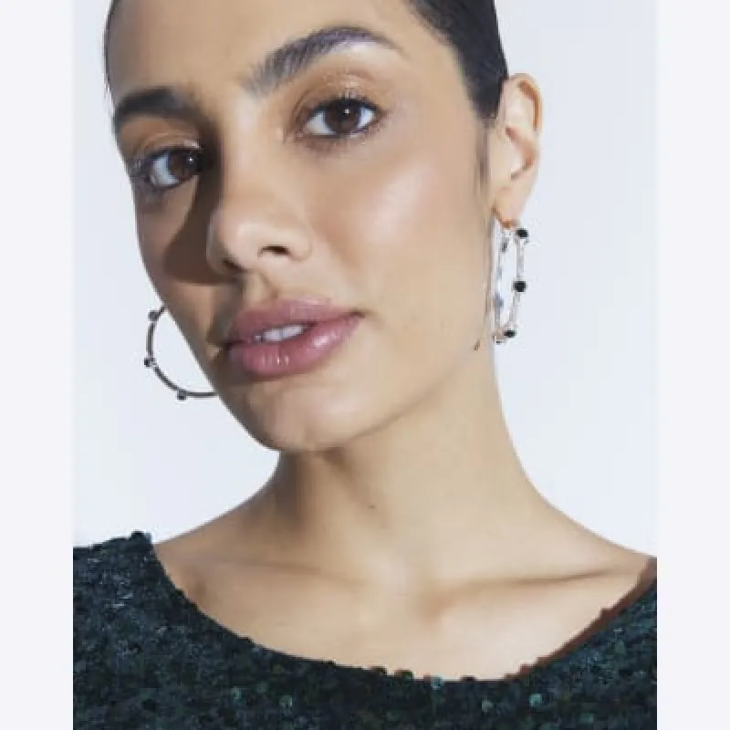 Silver Green Stone Hoop Earrings sold by River Island