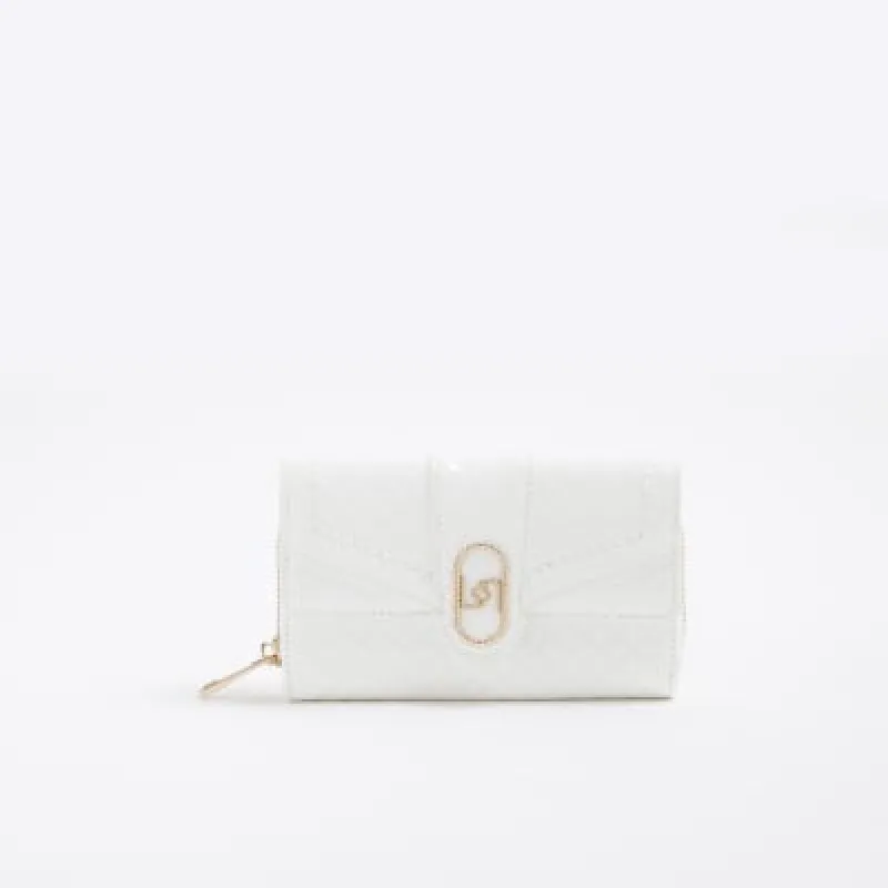 White RI Monogram Fold Over Zip Around Purse sold by River Island