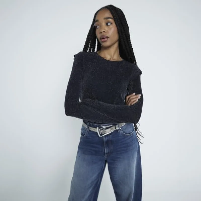 Black Metallic Long sleeve Ruched Top sold by River Island