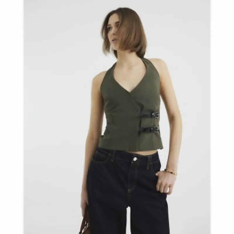 Khaki Halter Neck Sleeveless Buckle Top sold by River Island