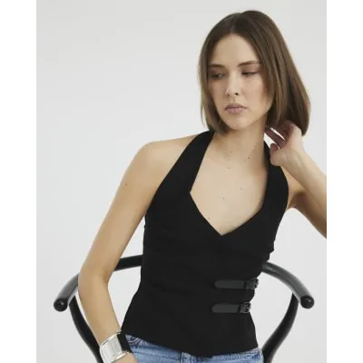 Black Halter Neck Sleeveless Buckle Top sold by River Island